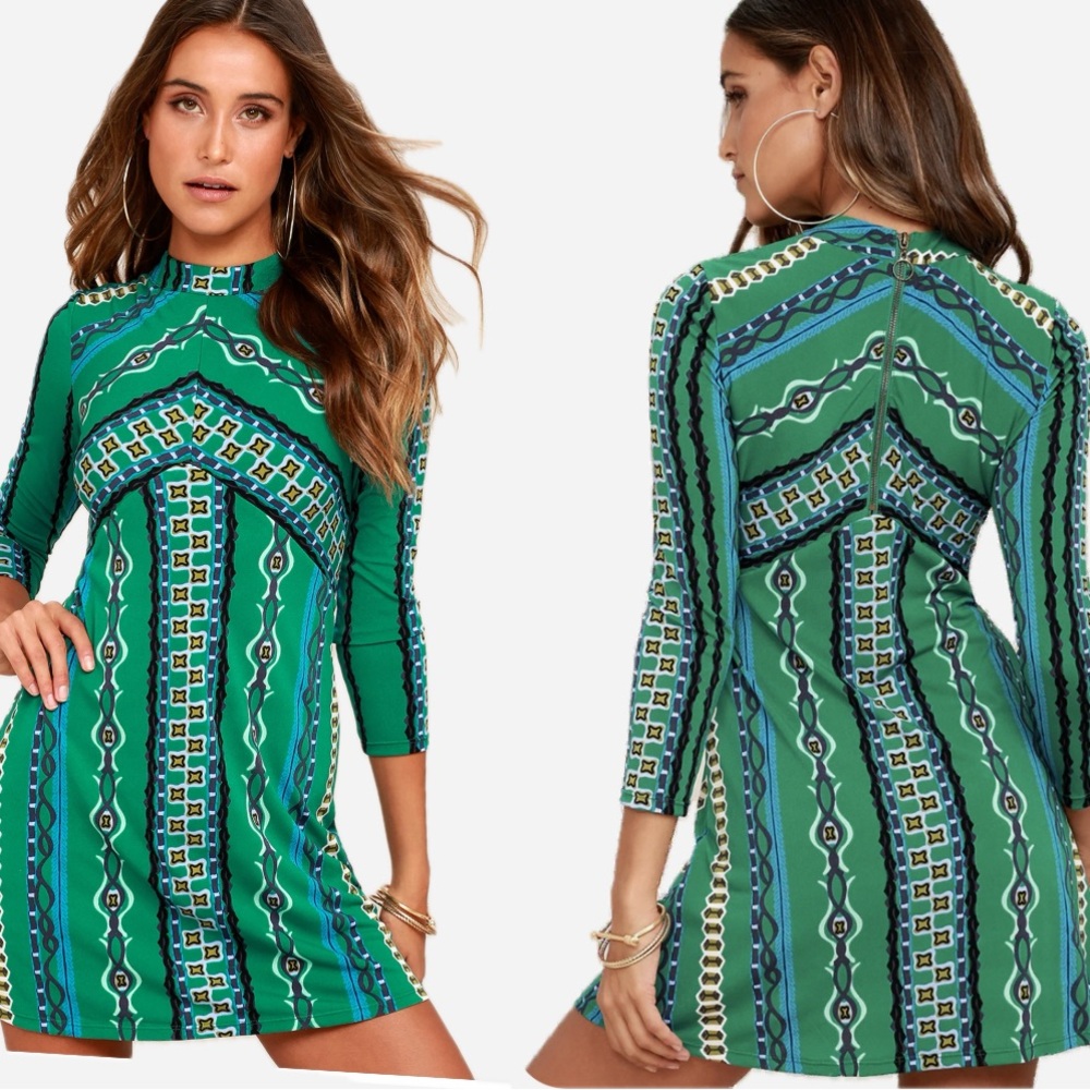 Free People, Stella Green Print Long Sleeve Mini Dress ā Size L